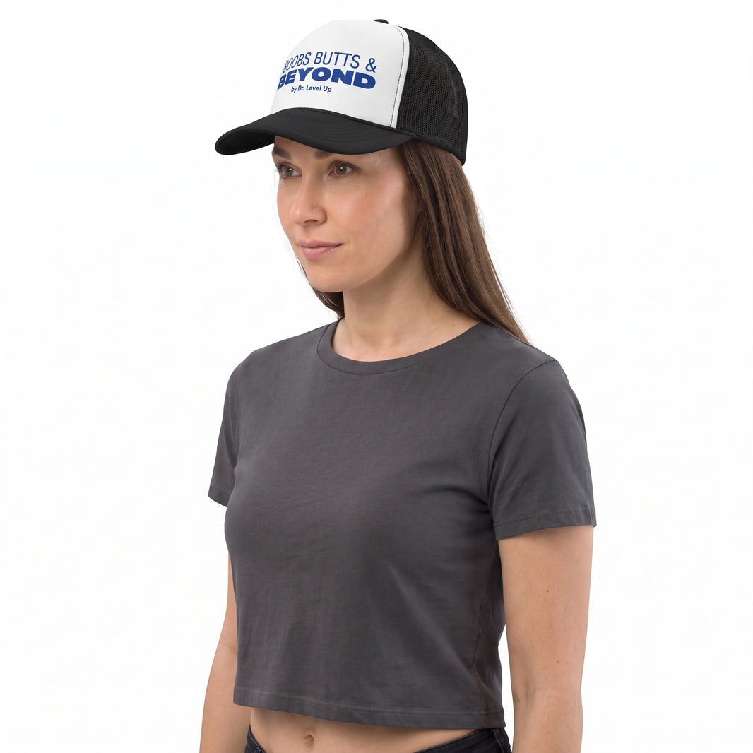 Boobs Butts & Beyond Trucker Cap-Boobs Butts & Beyond Trucker Cap, Black, white-background studio angled model view