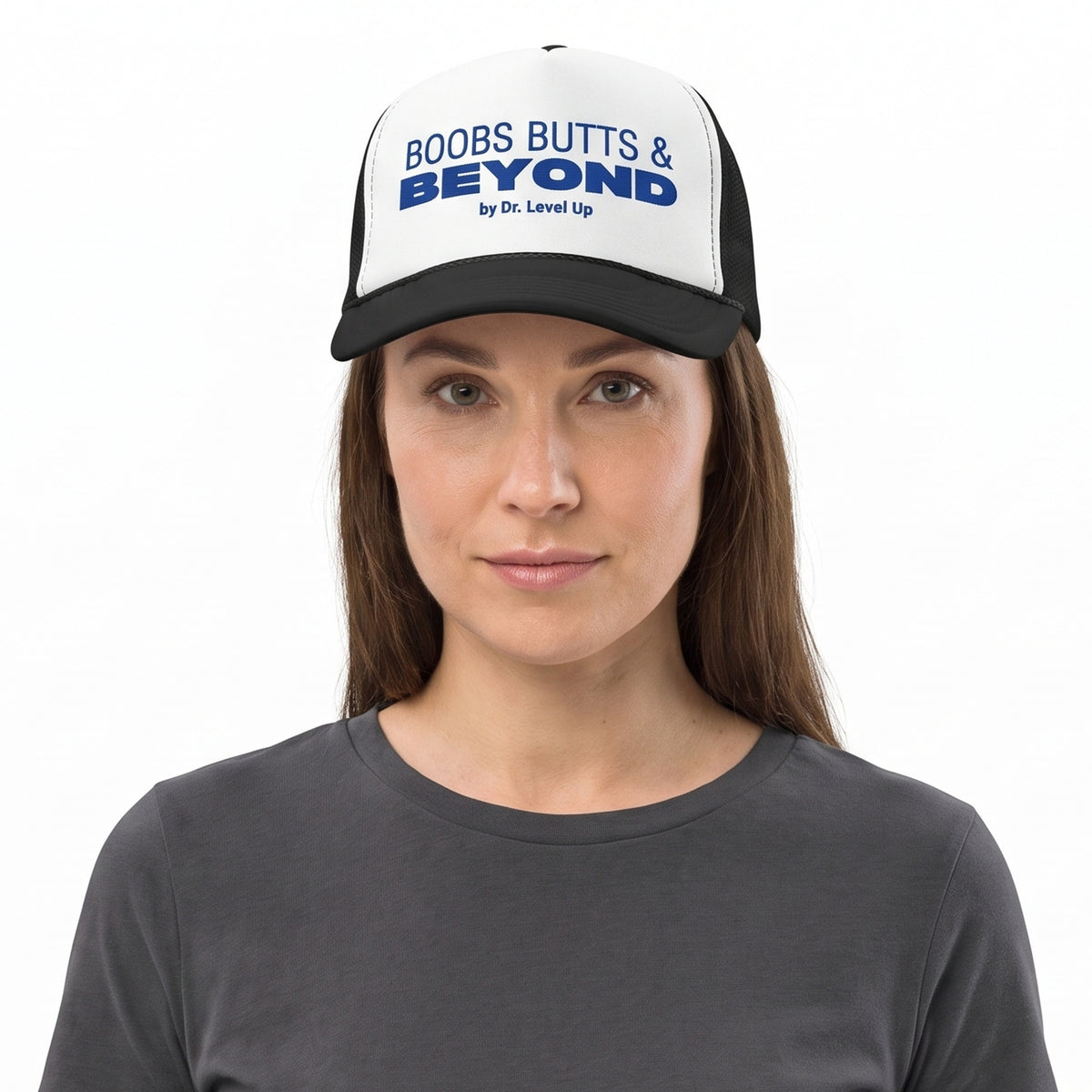 Boobs Butts & Beyond Trucker Cap-Boobs Butts & Beyond Trucker Cap, Black, white-background studio on-model close-up