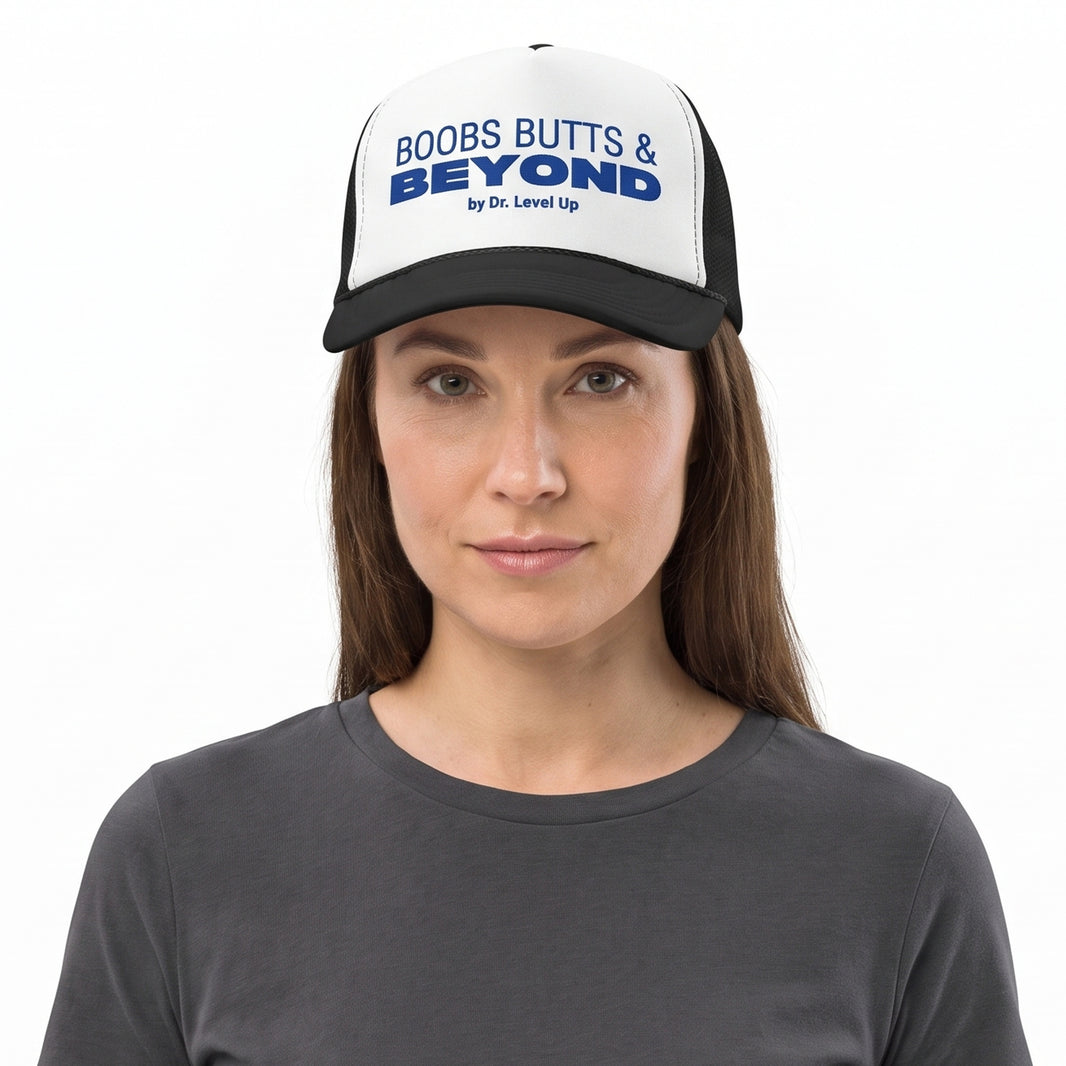 Boobs Butts & Beyond Trucker Cap-Boobs Butts & Beyond Trucker Cap, Black, white-background studio on-model close-up