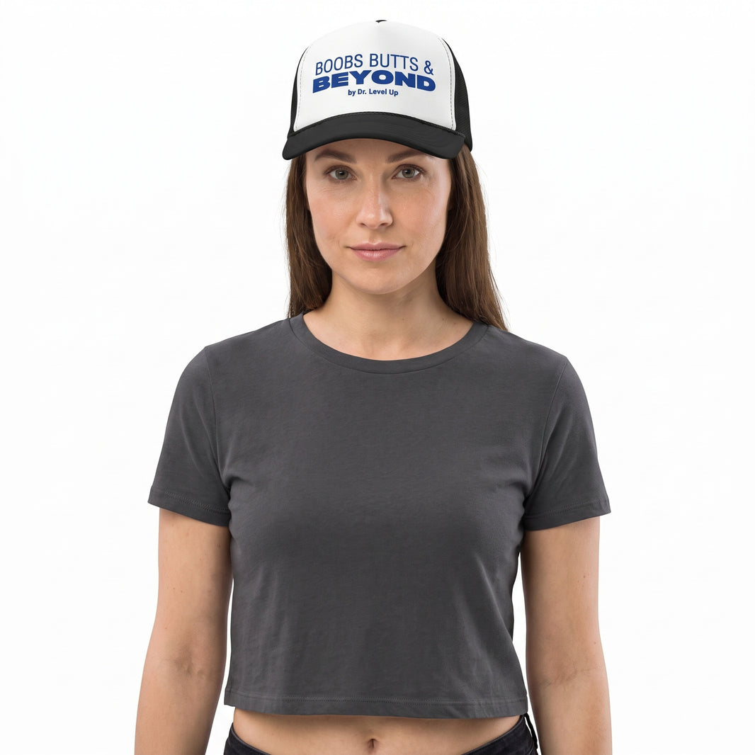 Boobs Butts & Beyond Trucker Cap-Boobs Butts & Beyond Trucker Cap, Black, white-background studio wider fit view