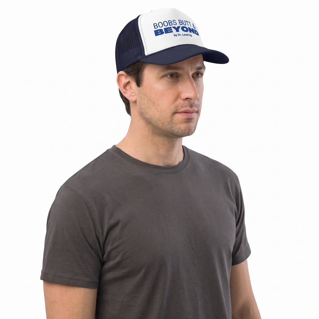 Boobs Butts & Beyond Trucker Cap-Boobs Butts & Beyond Trucker Cap, Dark Navy, white-background studio angled model view
