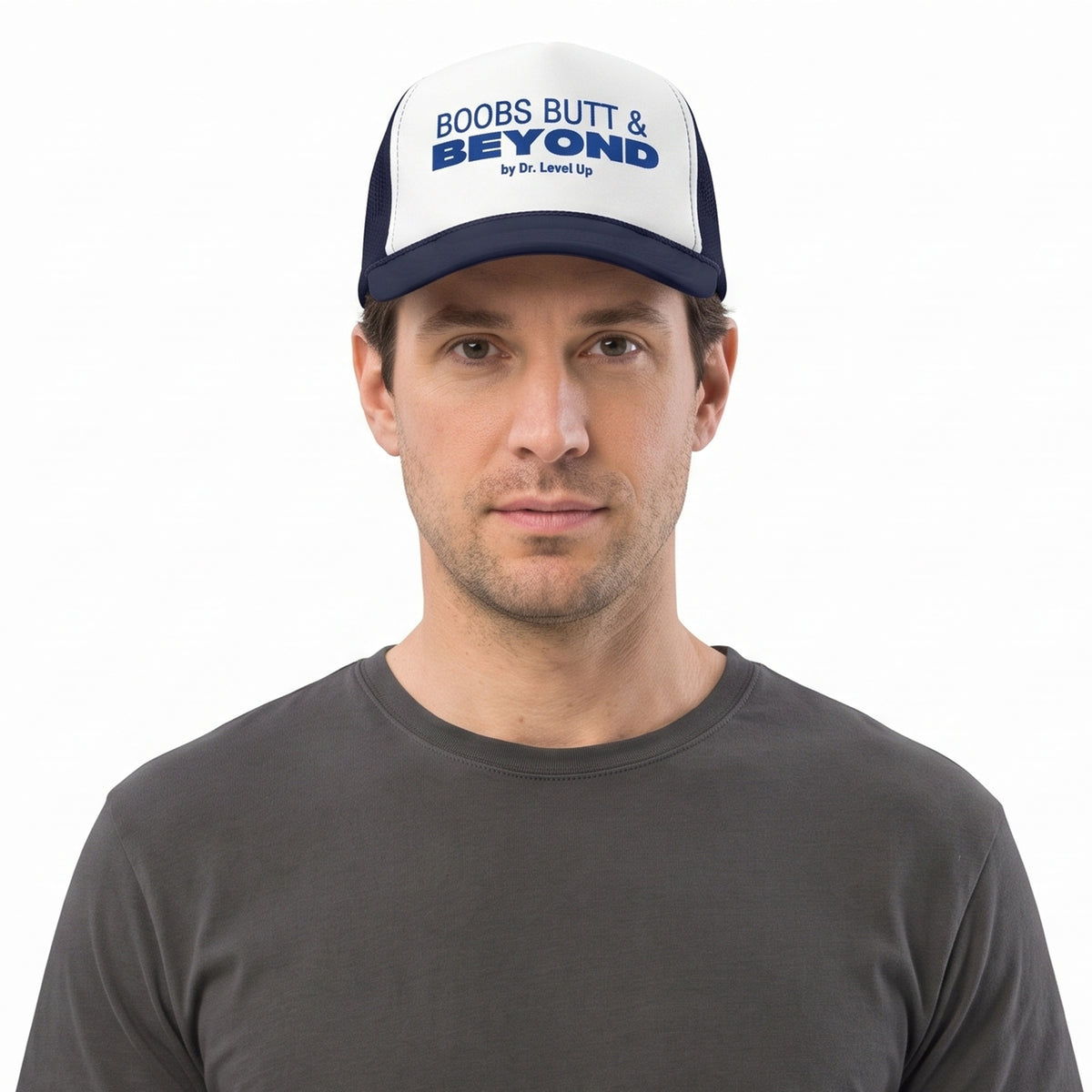 Boobs Butts & Beyond Trucker Cap-Boobs Butts & Beyond Trucker Cap, Dark Navy, white-background studio on-model close-up