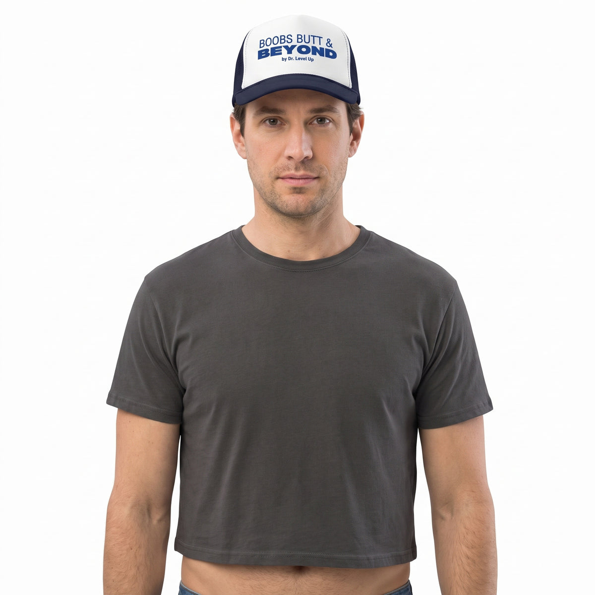 Boobs Butts & Beyond Trucker Cap-Boobs Butts & Beyond Trucker Cap, Dark Navy, white-background studio wider fit view