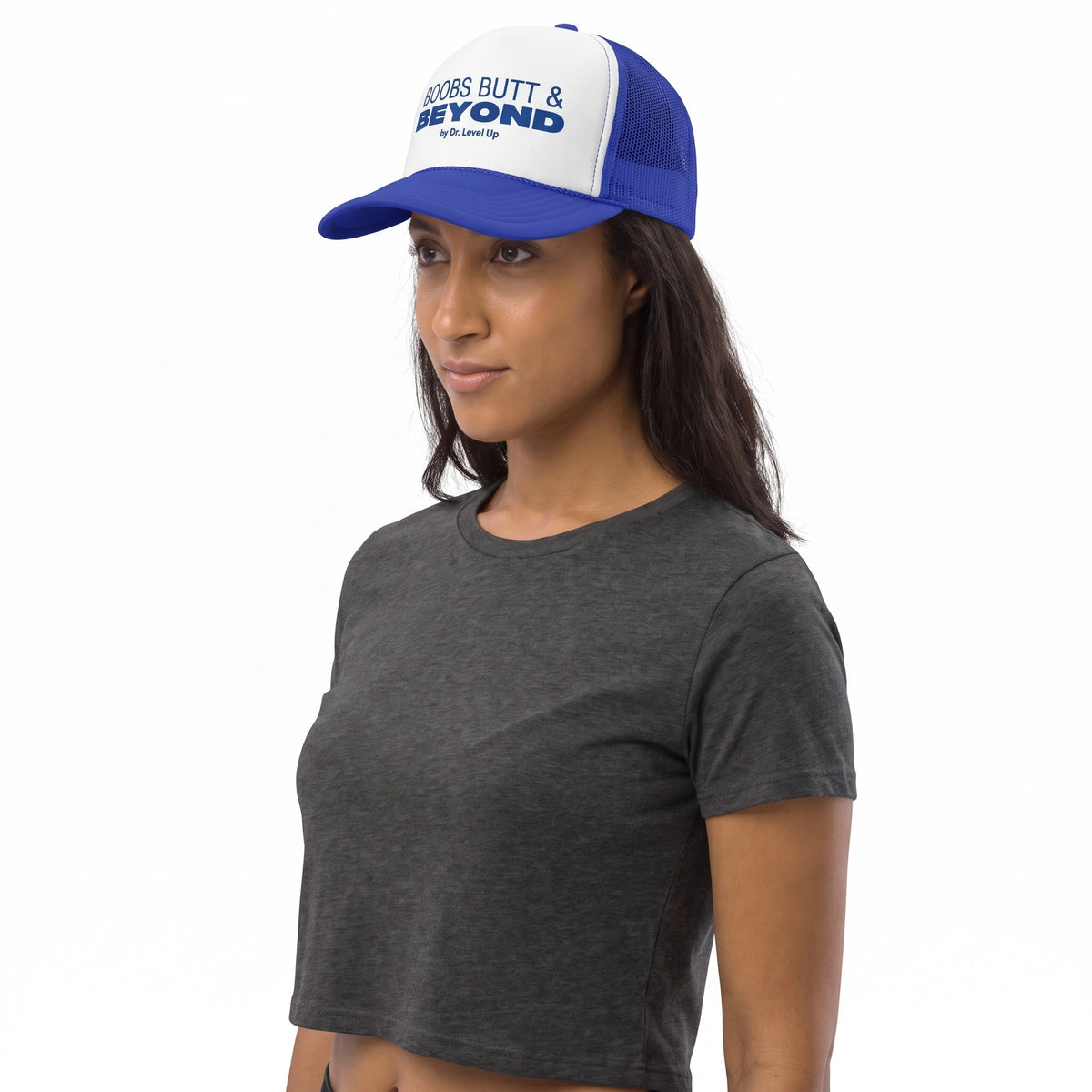 Boobs Butts & Beyond Trucker Cap-Boobs Butts & Beyond Trucker Cap, Royal, white-background studio angled model view