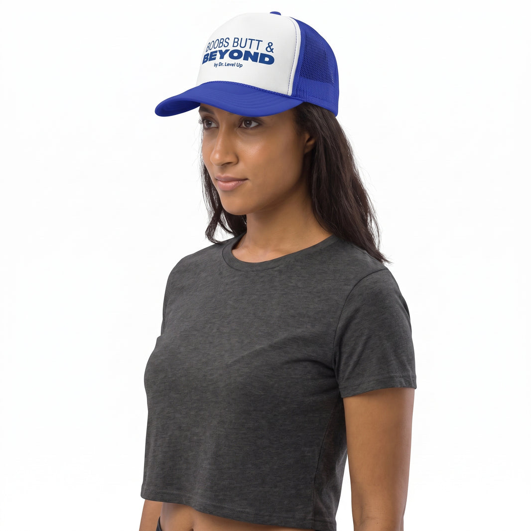Boobs Butts & Beyond Trucker Cap-Boobs Butts & Beyond Trucker Cap, Royal, white-background studio angled model view