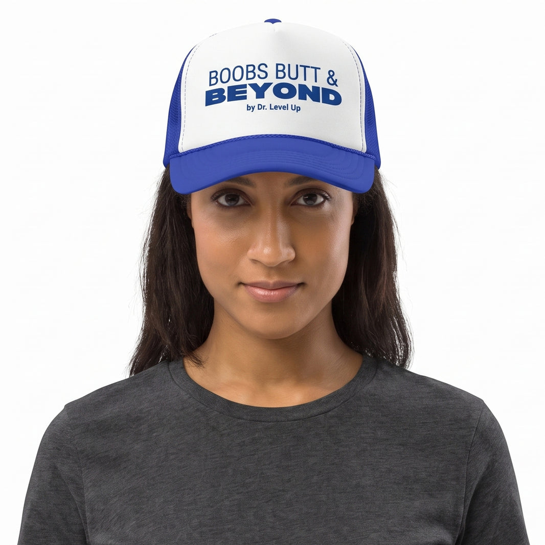 Boobs Butts & Beyond Trucker Cap-Boobs Butts & Beyond Trucker Cap, Royal, white-background studio on-model close-up