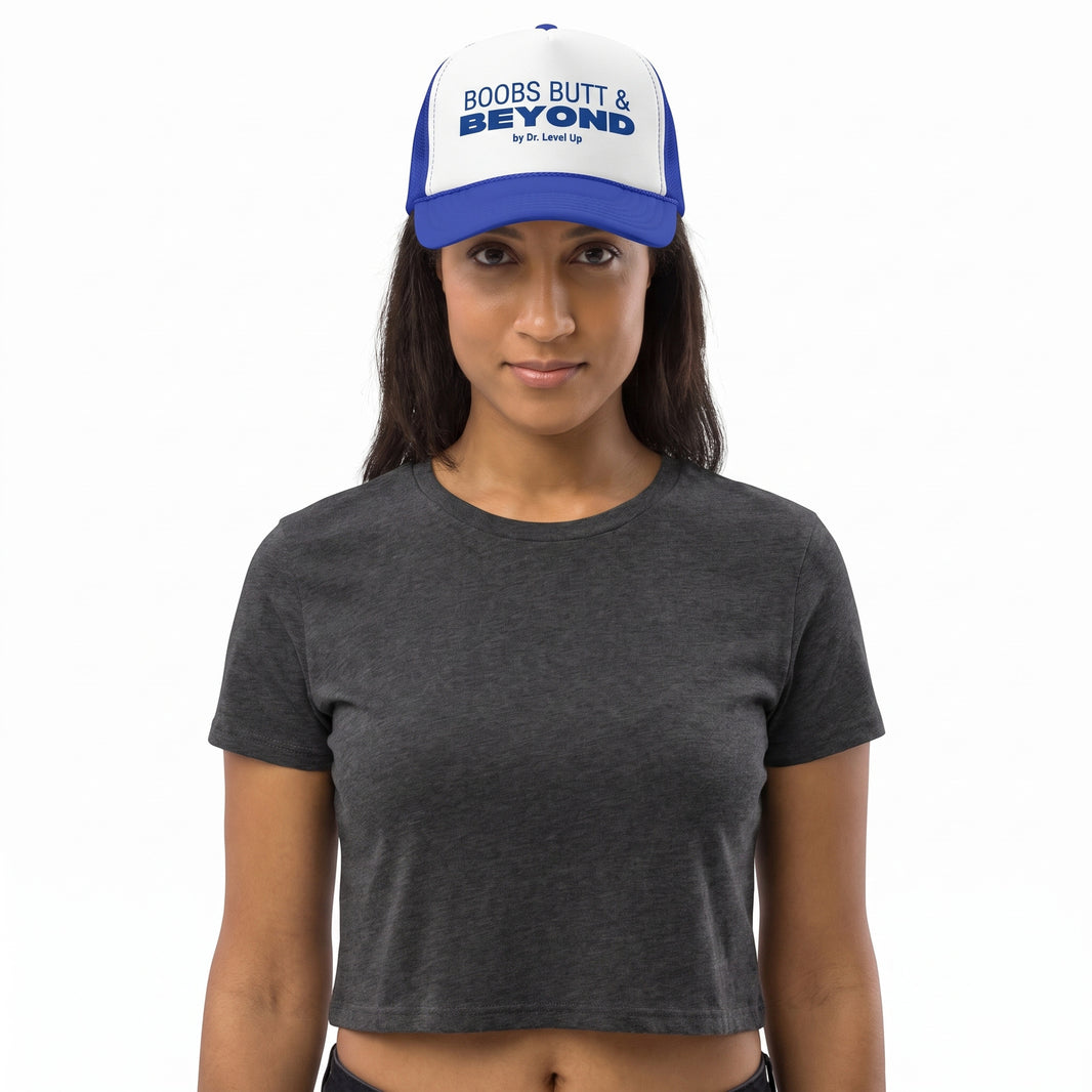 Boobs Butts & Beyond Trucker Cap-Boobs Butts & Beyond Trucker Cap, Royal, white-background studio wider fit view