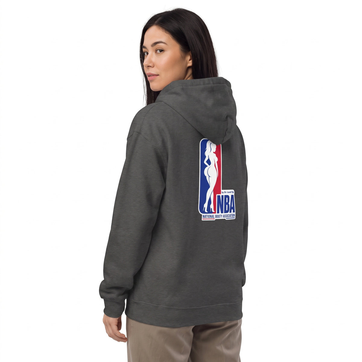 NBA - National Booty Association Hoodie-NBA - National Booty Association Hoodie, Dark Heather, white-background studio angled model view