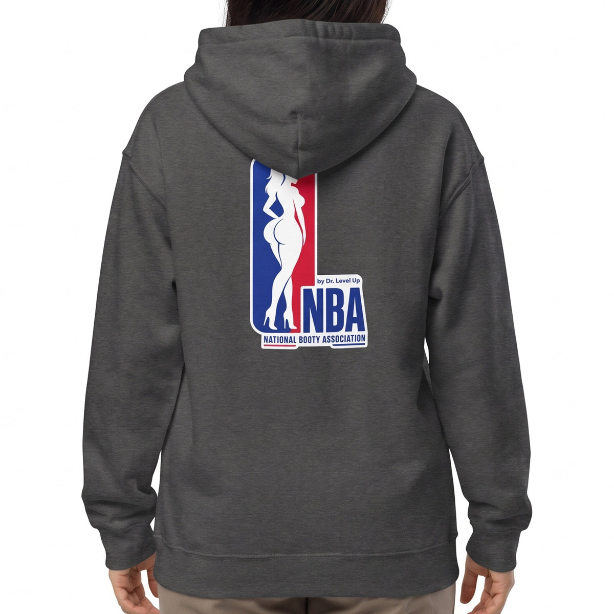 NBA - National Booty Association Hoodie-NBA - National Booty Association Hoodie, Dark Heather, white-background studio on-model close-up