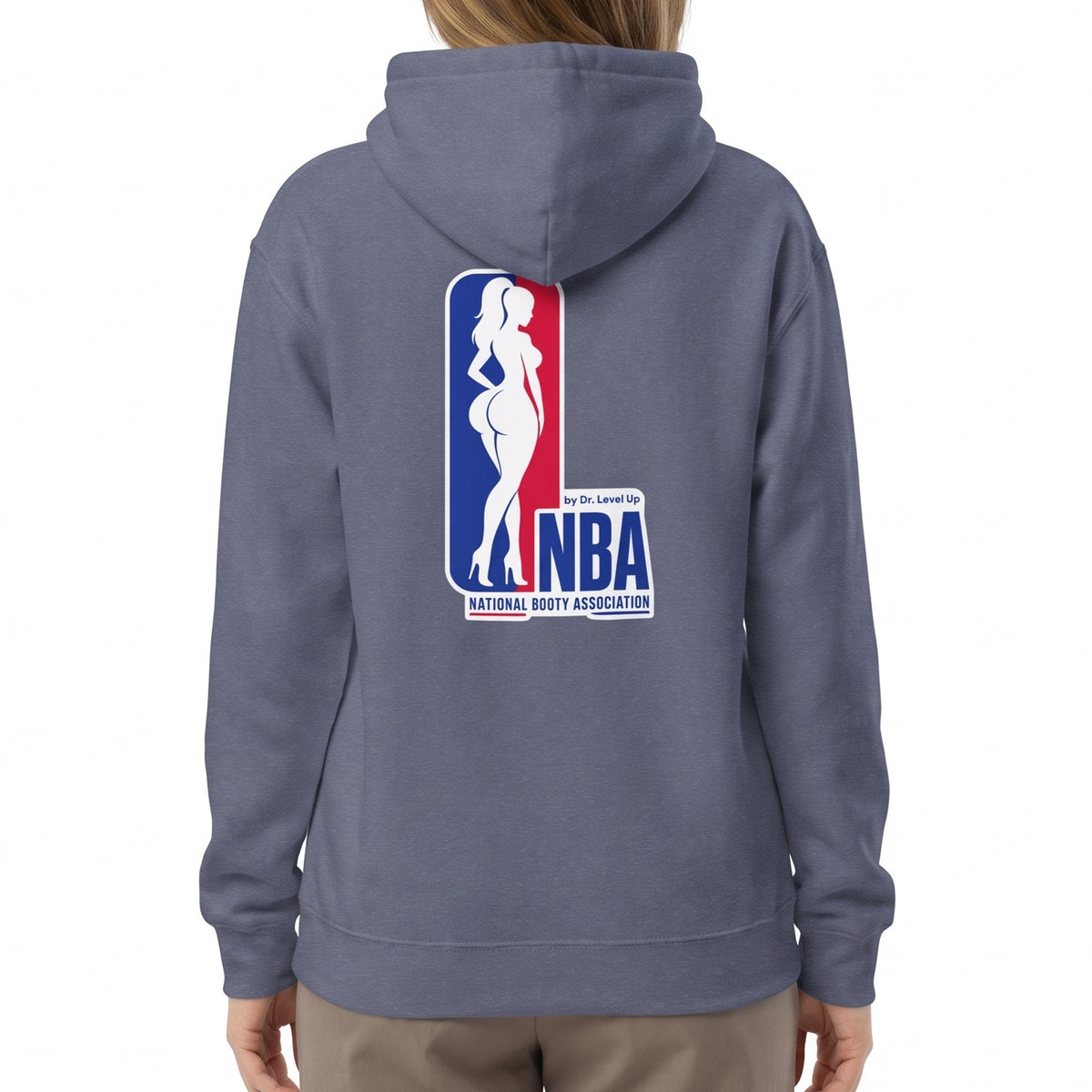 NBA - National Booty Association Hoodie-NBA - National Booty Association Hoodie, Heather Navy, white-background studio on-model close-up