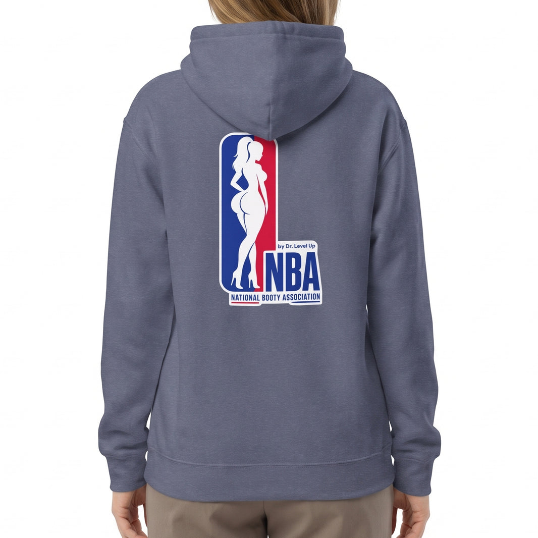NBA - National Booty Association Hoodie-NBA - National Booty Association Hoodie, Heather Navy, white-background studio on-model close-up