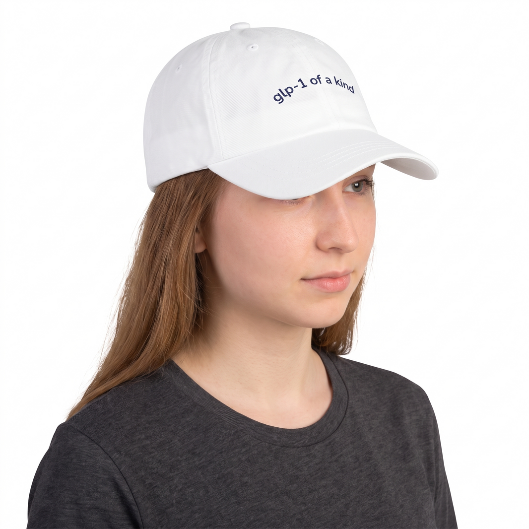 GLP-1 of a Kind Embroidered Dad Hat-GLP-1 of a Kind Embroidered Dad Hat, White, white-background angled model view