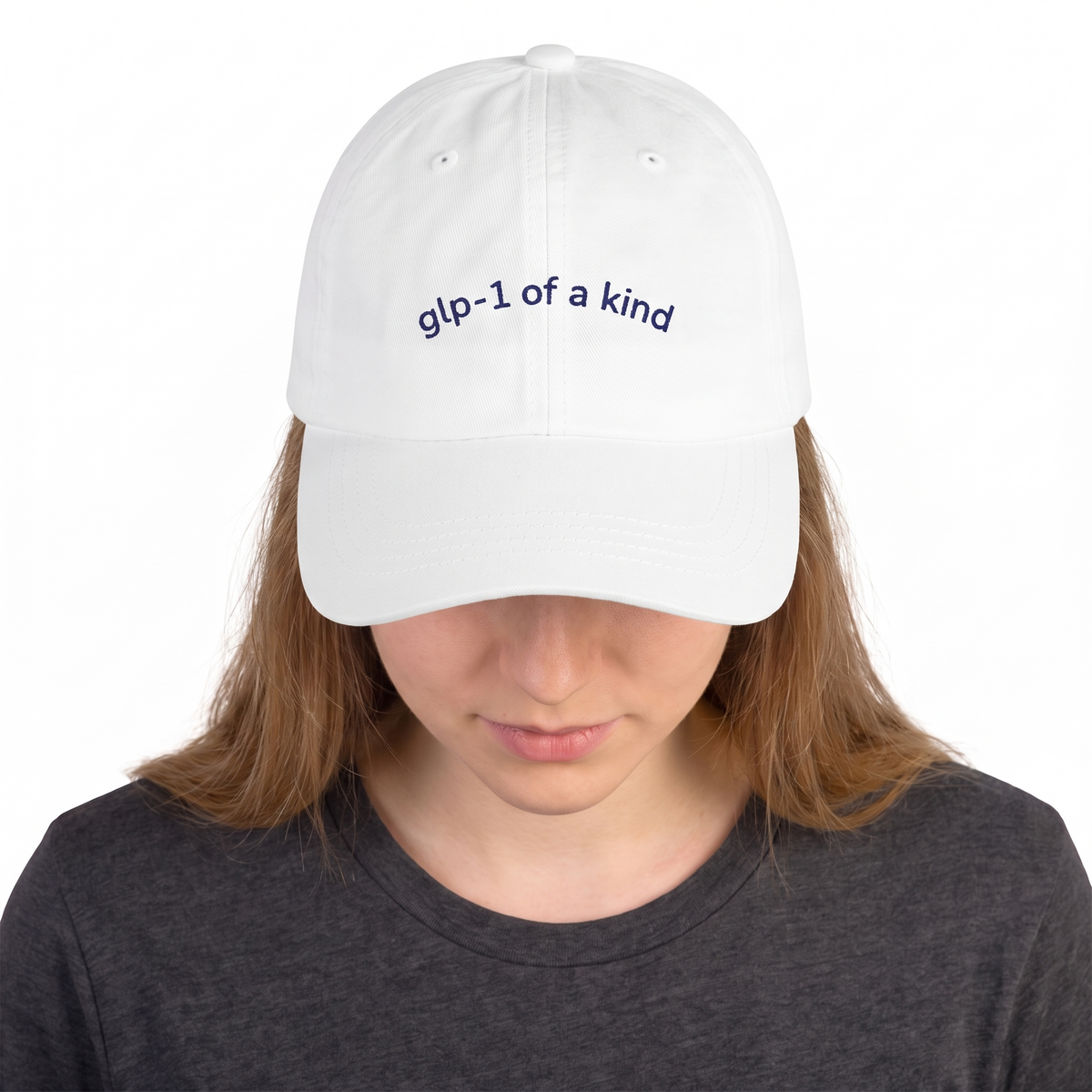 GLP-1 of a Kind Embroidered Dad Hat-GLP-1 of a Kind Embroidered Dad Hat, White, white-background on-model embroidery close-up