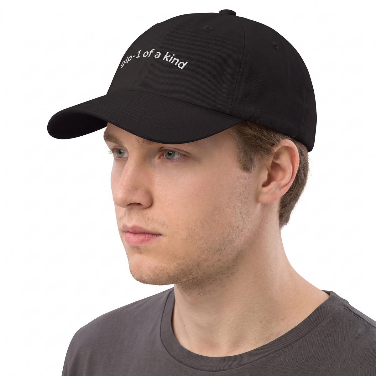 GLP-1 of a Kind Embroidered Dad Hat-GLP-1 of a Kind Embroidered Dad Hat, Black, white-background angled model view