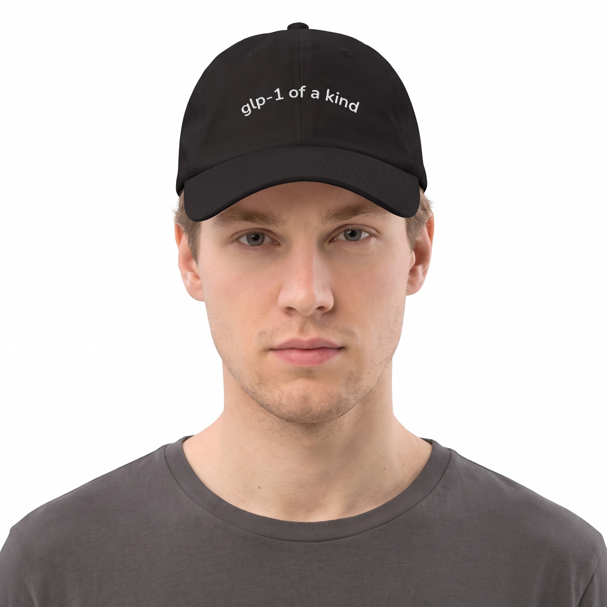 GLP-1 of a Kind Embroidered Dad Hat-GLP-1 of a Kind Embroidered Dad Hat, Black, white-background on-model embroidery close-up