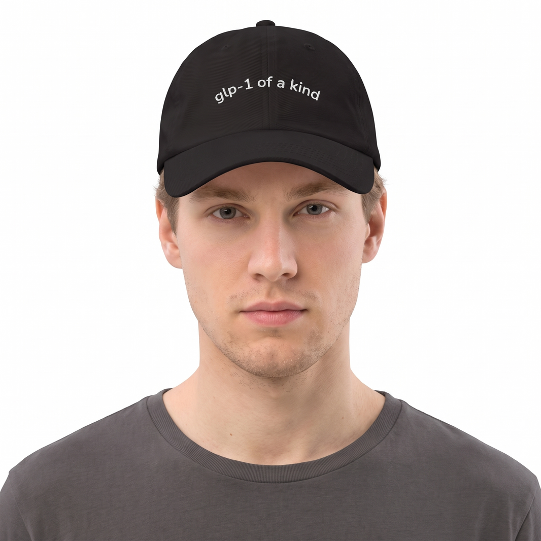 GLP-1 of a Kind Embroidered Dad Hat-GLP-1 of a Kind Embroidered Dad Hat, Black, white-background on-model embroidery close-up
