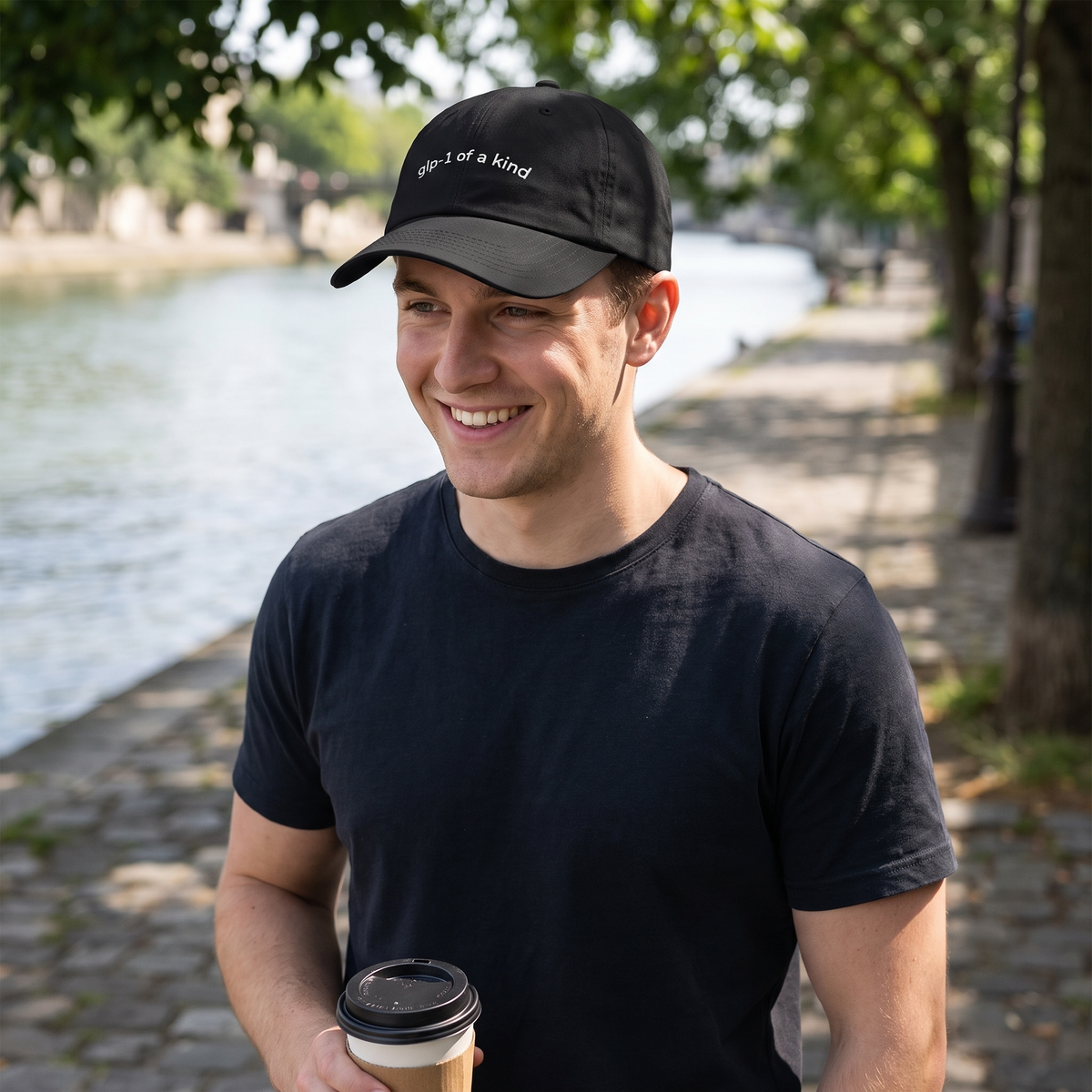 GLP-1 of a Kind Embroidered Dad Hat, Black, natural-action lifestyle photograph
