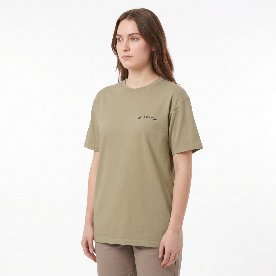 GLP-1 of a Kind Embroidered T-Shirt-GLP-1 of a Kind Embroidered T-Shirt, Khaki, white-background angled model view