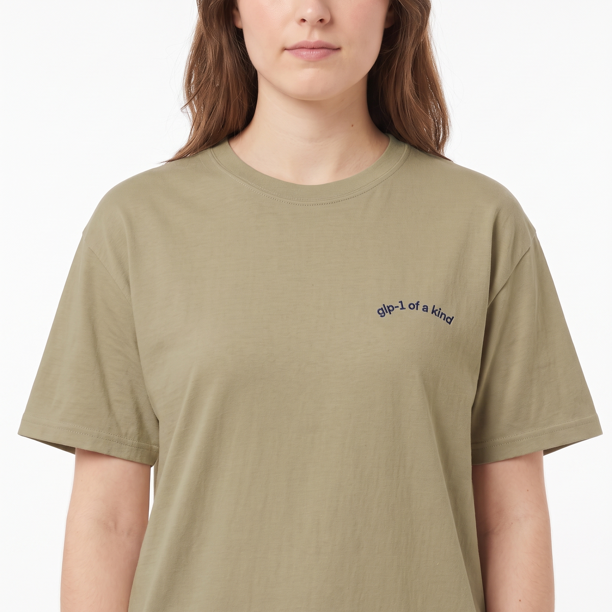 GLP-1 of a Kind Embroidered T-Shirt-GLP-1 of a Kind Embroidered T-Shirt, Khaki, white-background on-model embroidery close-up