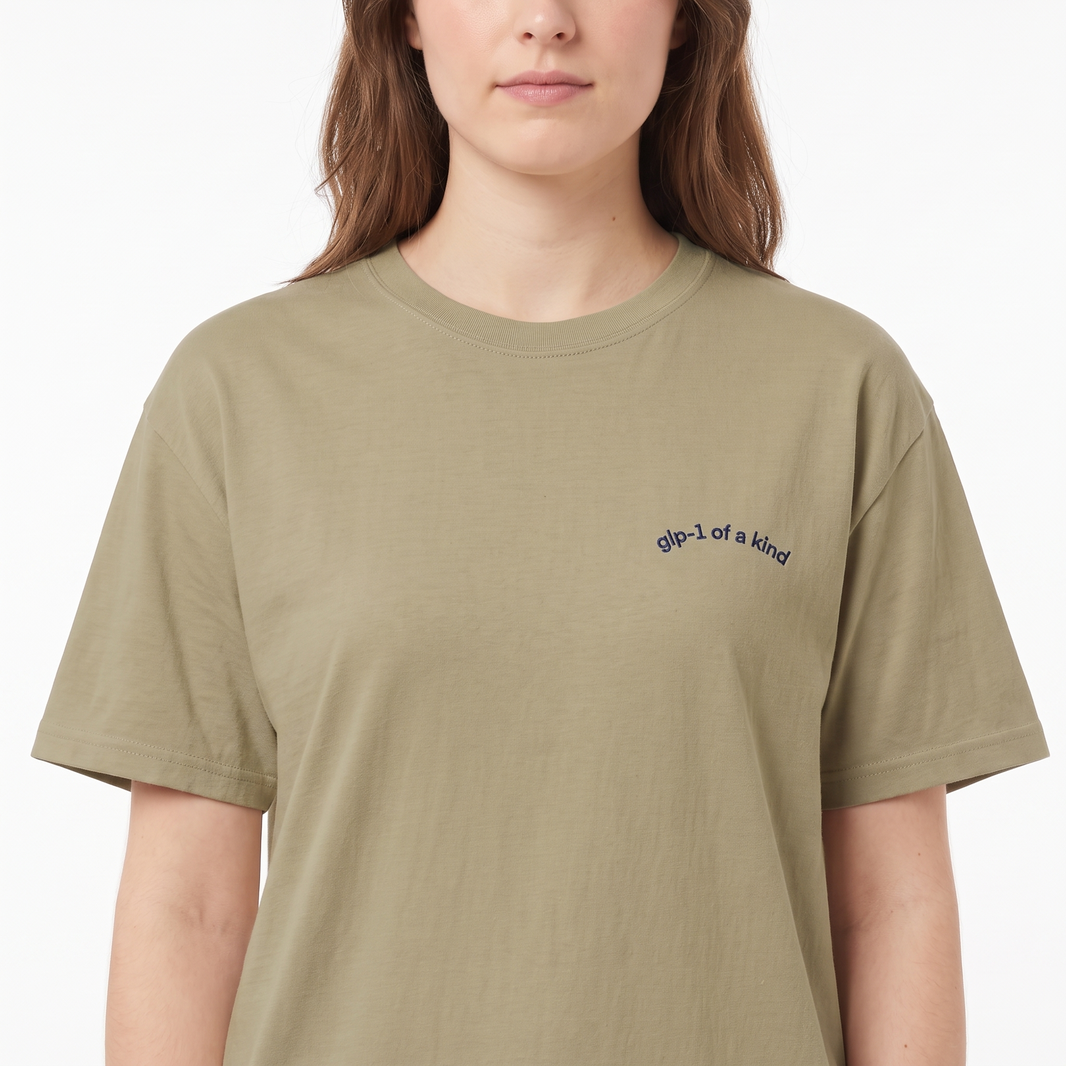GLP-1 of a Kind Embroidered T-Shirt-GLP-1 of a Kind Embroidered T-Shirt, Khaki, white-background on-model embroidery close-up