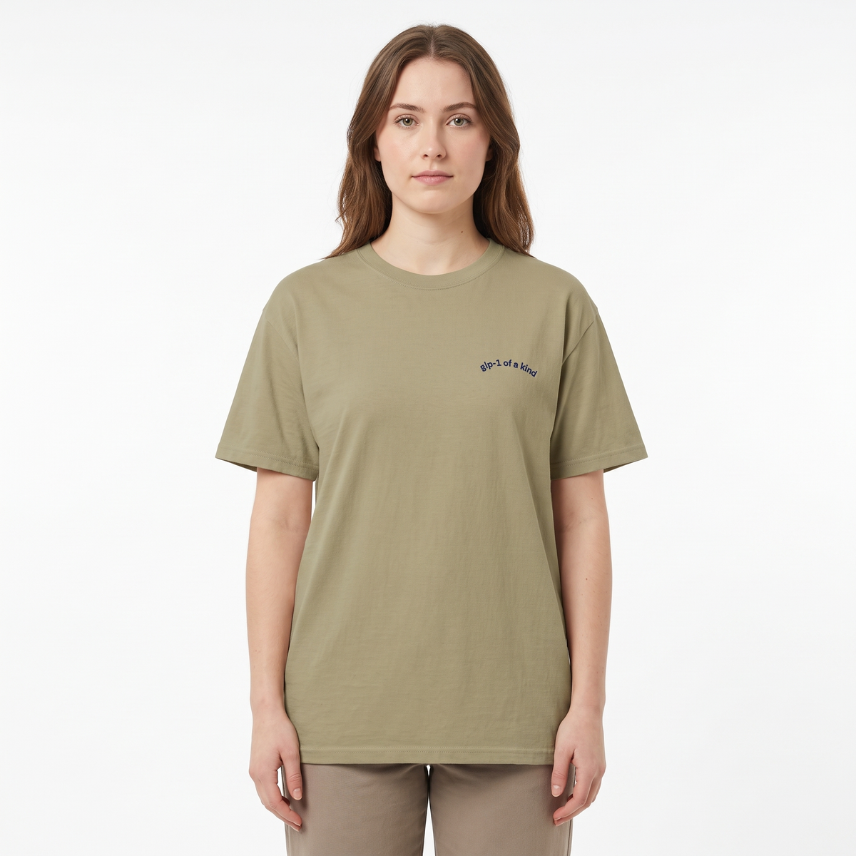 GLP-1 of a Kind Embroidered T-Shirt-GLP-1 of a Kind Embroidered T-Shirt, Khaki, white-background wider model fit view
