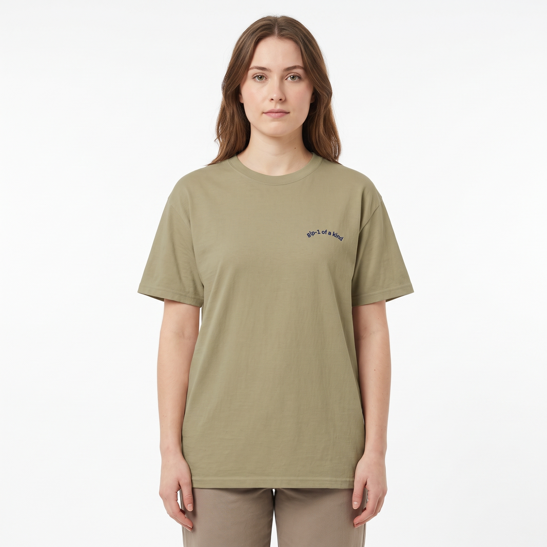 GLP-1 of a Kind Embroidered T-Shirt-GLP-1 of a Kind Embroidered T-Shirt, Khaki, white-background wider model fit view