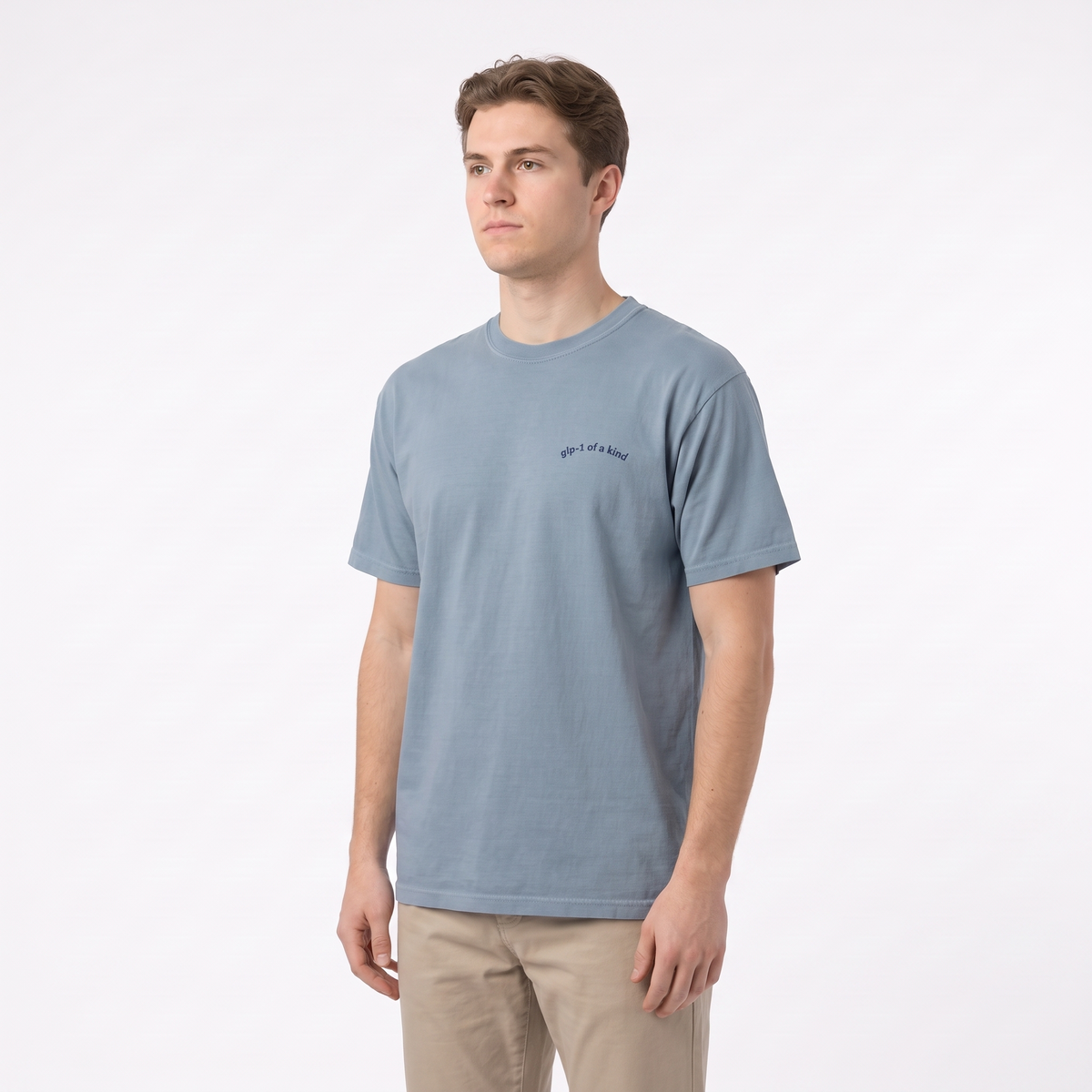 GLP-1 of a Kind Embroidered T-Shirt-GLP-1 of a Kind Embroidered T-Shirt, Ice Blue, white-background angled model view