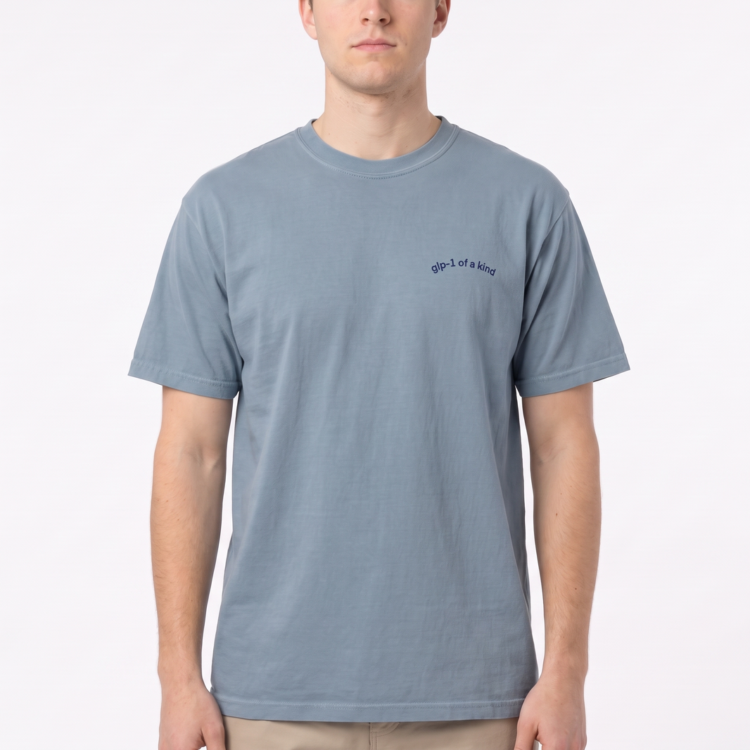 GLP-1 of a Kind Embroidered T-Shirt-GLP-1 of a Kind Embroidered T-Shirt, Ice Blue, white-background on-model embroidery close-up