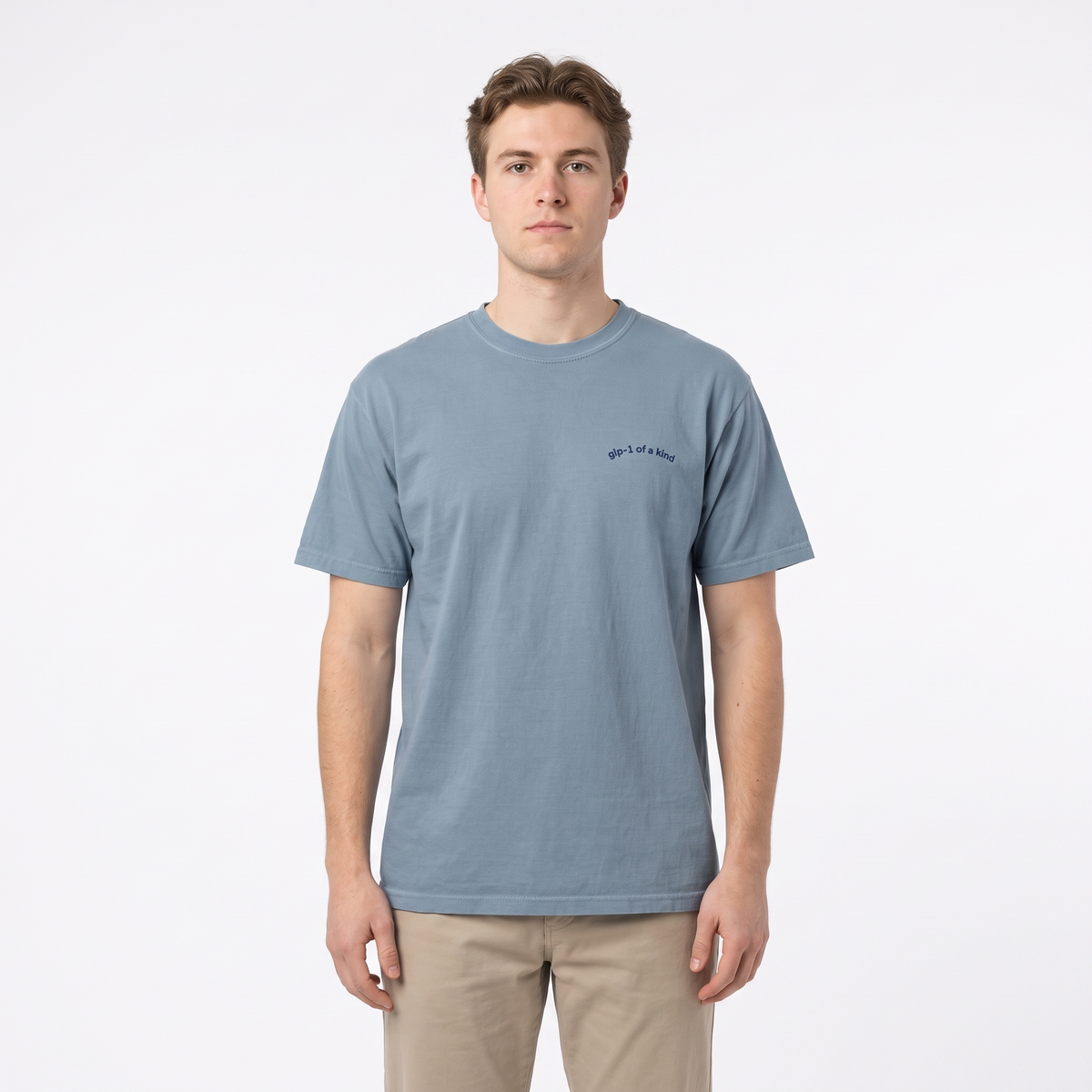 GLP-1 of a Kind Embroidered T-Shirt-GLP-1 of a Kind Embroidered T-Shirt, Ice Blue, white-background wider model fit view