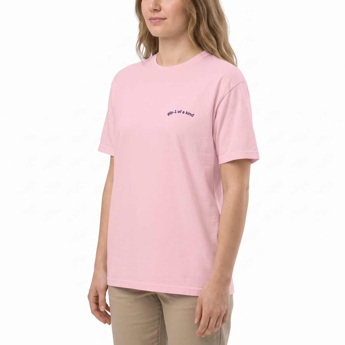 GLP-1 of a Kind Embroidered T-Shirt-GLP-1 of a Kind Embroidered T-Shirt, Blossom, white-background angled model view