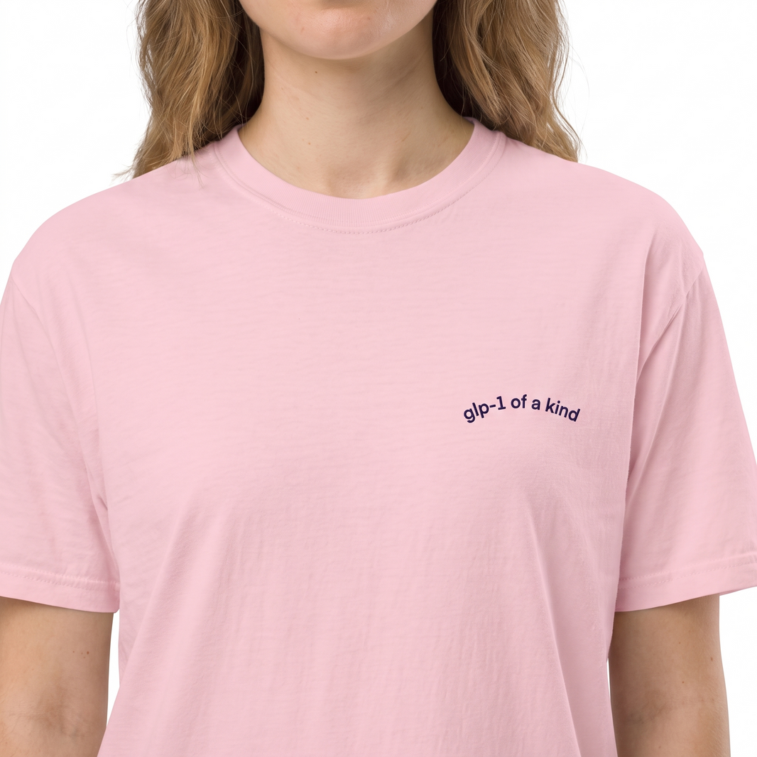 GLP-1 of a Kind Embroidered T-Shirt-GLP-1 of a Kind Embroidered T-Shirt, Blossom, white-background on-model embroidery close-up