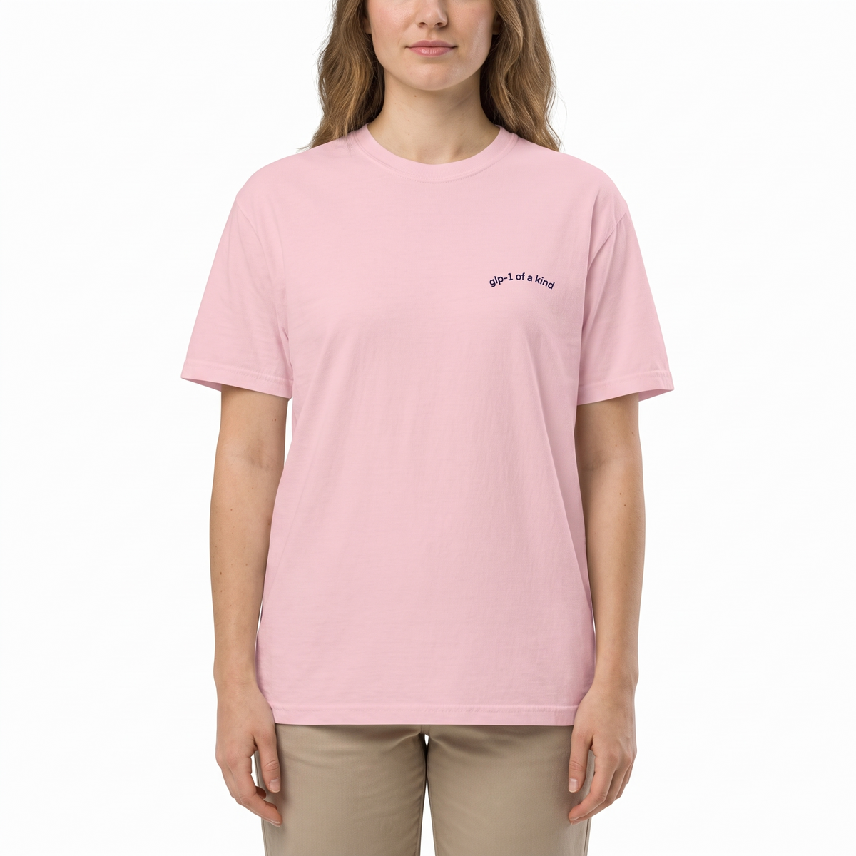 GLP-1 of a Kind Embroidered T-Shirt-GLP-1 of a Kind Embroidered T-Shirt, Blossom, white-background wider model fit view
