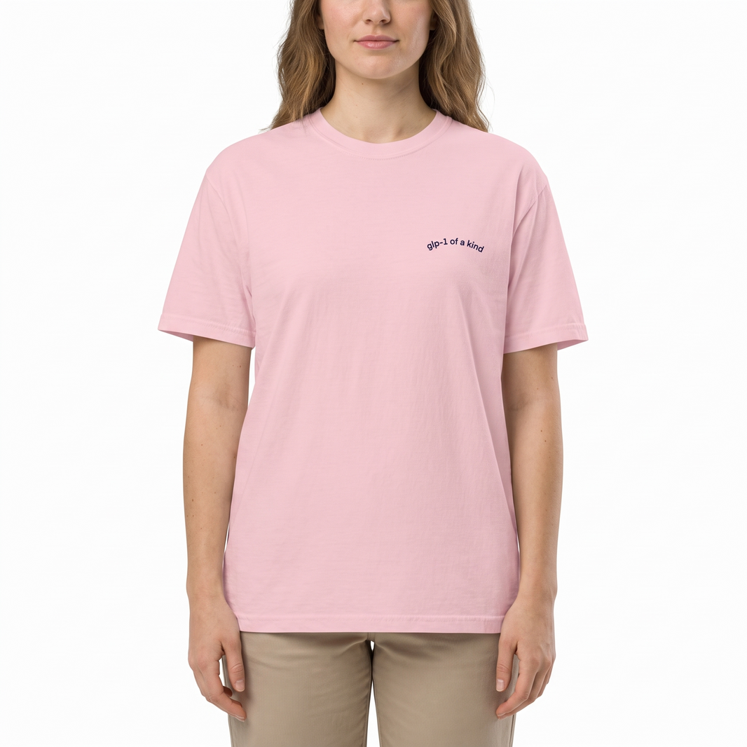 GLP-1 of a Kind Embroidered T-Shirt-GLP-1 of a Kind Embroidered T-Shirt, Blossom, white-background wider model fit view