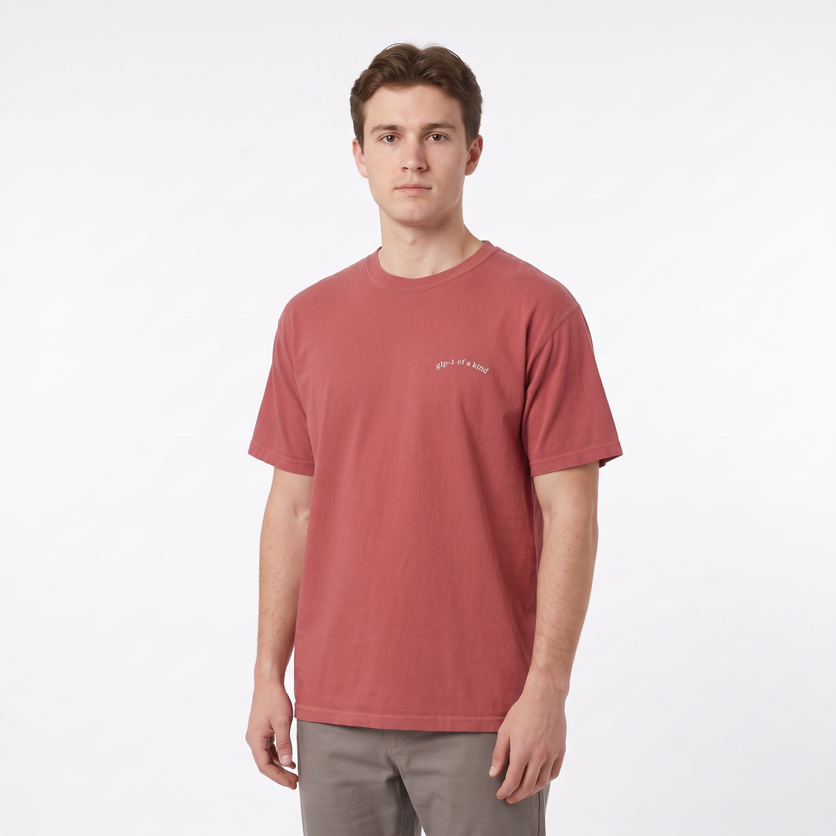 GLP-1 of a Kind Embroidered T-Shirt-GLP-1 of a Kind Embroidered T-Shirt, Crimson, white-background angled model view