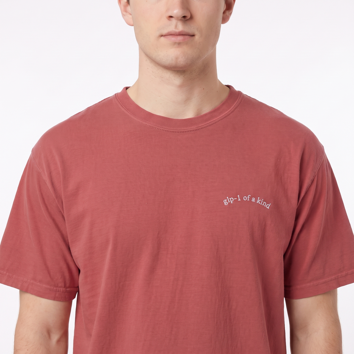 GLP-1 of a Kind Embroidered T-Shirt-GLP-1 of a Kind Embroidered T-Shirt, Crimson, white-background on-model embroidery close-up
