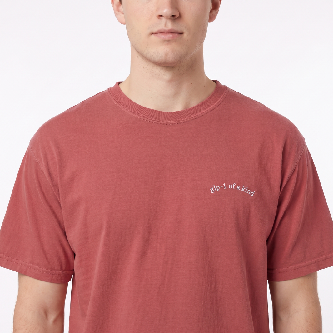 GLP-1 of a Kind Embroidered T-Shirt-GLP-1 of a Kind Embroidered T-Shirt, Crimson, white-background on-model embroidery close-up