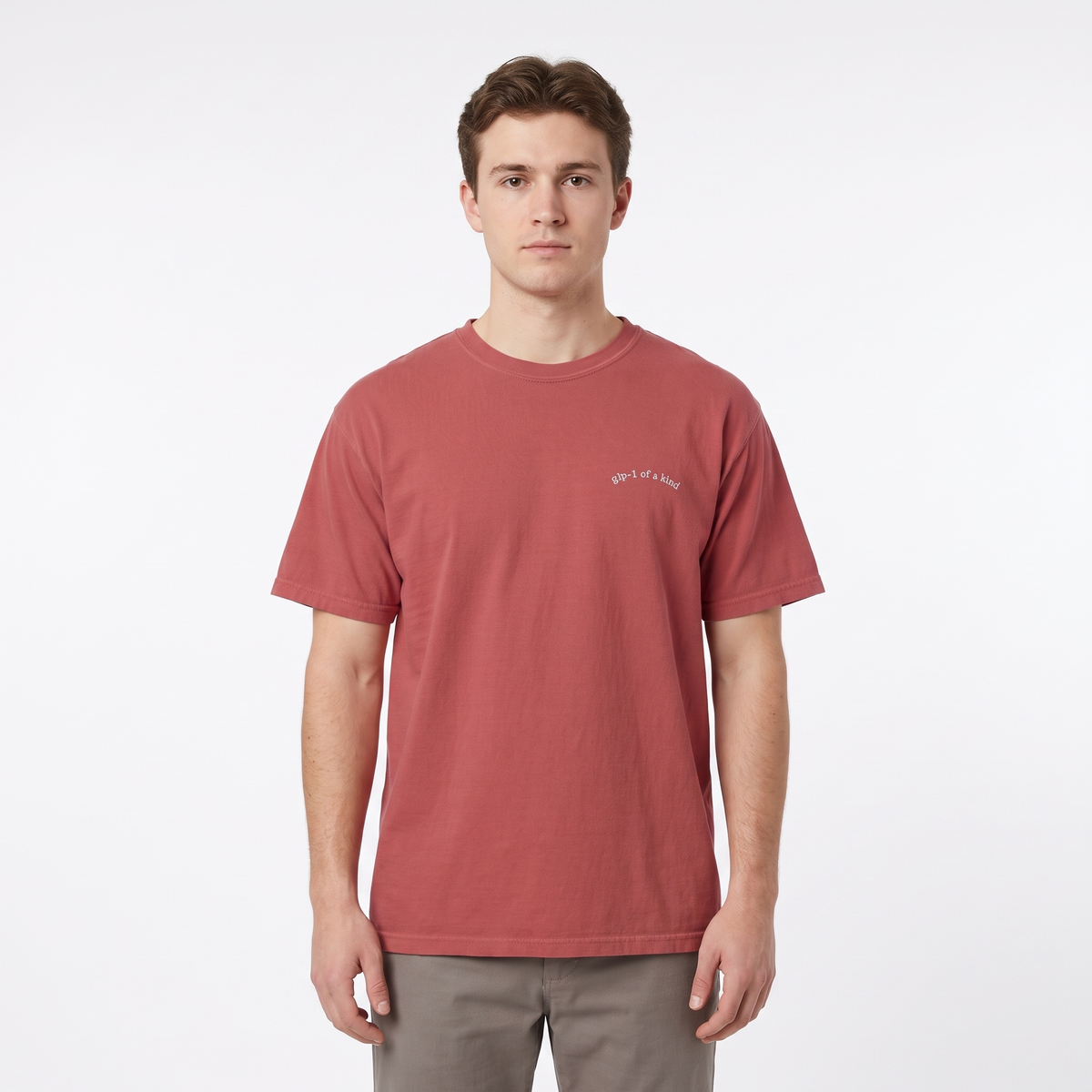 GLP-1 of a Kind Embroidered T-Shirt-GLP-1 of a Kind Embroidered T-Shirt, Crimson, white-background wider model fit view