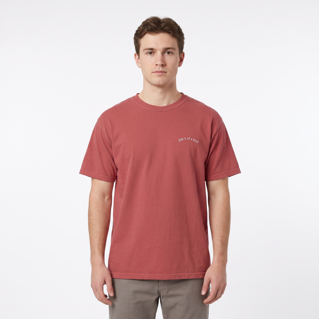 GLP-1 of a Kind Embroidered T-Shirt-GLP-1 of a Kind Embroidered T-Shirt, Crimson, white-background wider model fit view