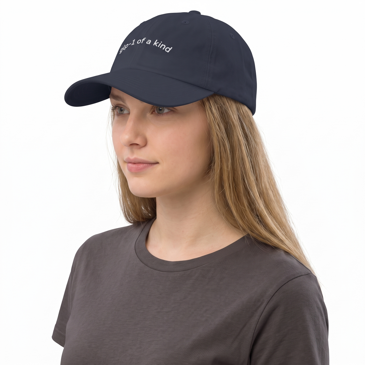 GLP-1 of a Kind Embroidered Dad Hat-GLP-1 of a Kind Embroidered Dad Hat, Navy, white-background angled model view