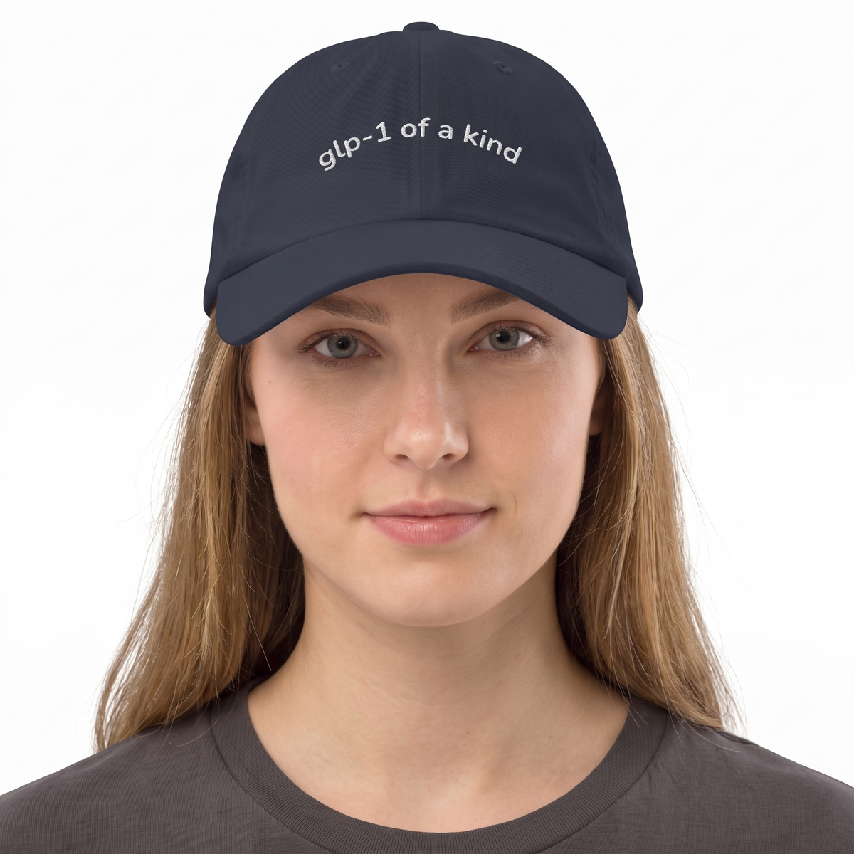 GLP-1 of a Kind Embroidered Dad Hat-GLP-1 of a Kind Embroidered Dad Hat, Navy, white-background on-model embroidery close-up
