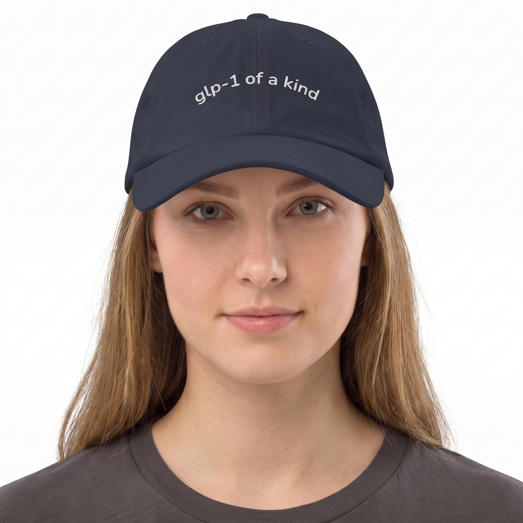 GLP-1 of a Kind Embroidered Dad Hat-GLP-1 of a Kind Embroidered Dad Hat, Navy, white-background on-model embroidery close-up
