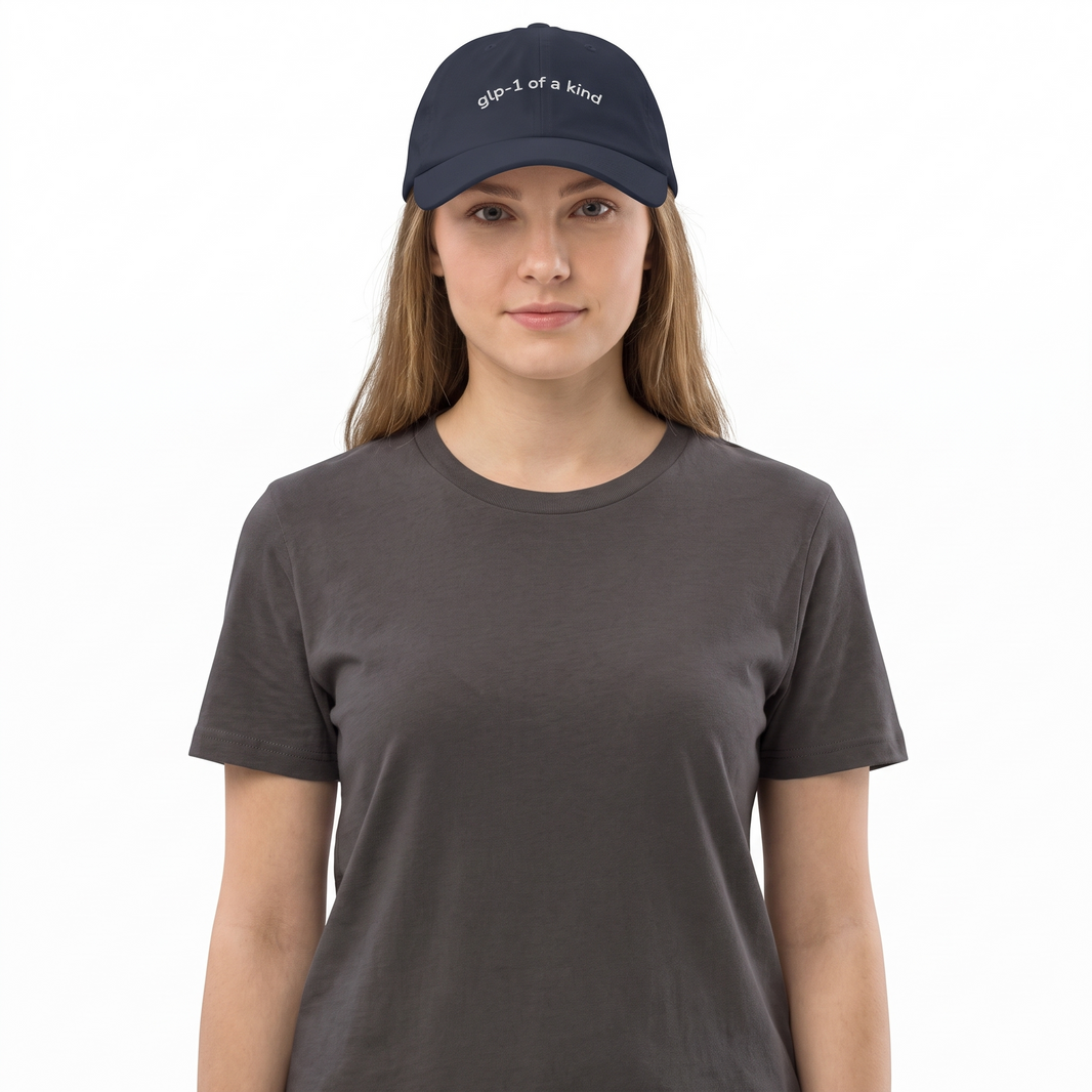 GLP-1 of a Kind Embroidered Dad Hat-GLP-1 of a Kind Embroidered Dad Hat, Navy, white-background wider model fit view