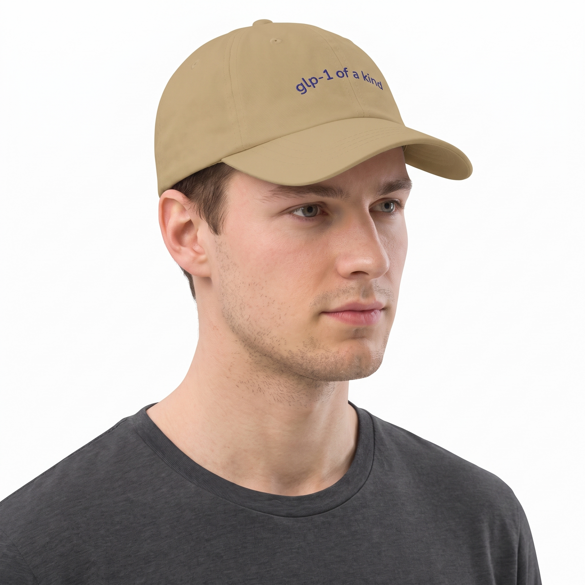 GLP-1 of a Kind Embroidered Dad Hat-GLP-1 of a Kind Embroidered Dad Hat, Khaki, white-background angled model view