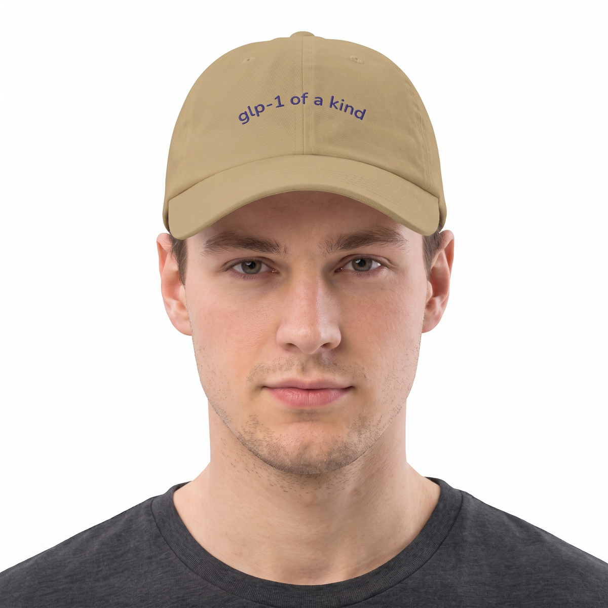 GLP-1 of a Kind Embroidered Dad Hat-GLP-1 of a Kind Embroidered Dad Hat, Khaki, white-background on-model embroidery close-up
