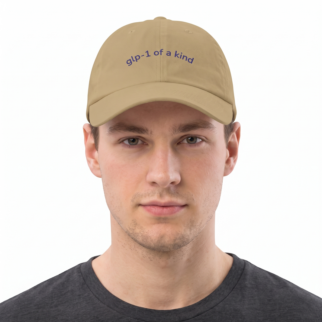 GLP-1 of a Kind Embroidered Dad Hat-GLP-1 of a Kind Embroidered Dad Hat, Khaki, white-background on-model embroidery close-up