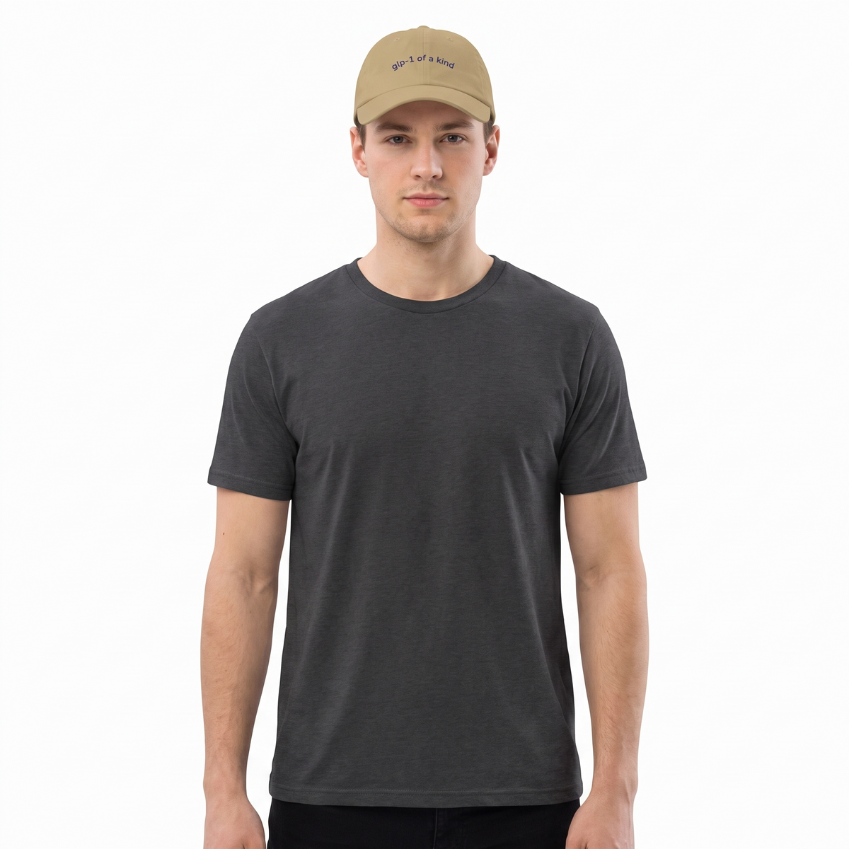 GLP-1 of a Kind Embroidered Dad Hat-GLP-1 of a Kind Embroidered Dad Hat, Khaki, white-background wider model fit view