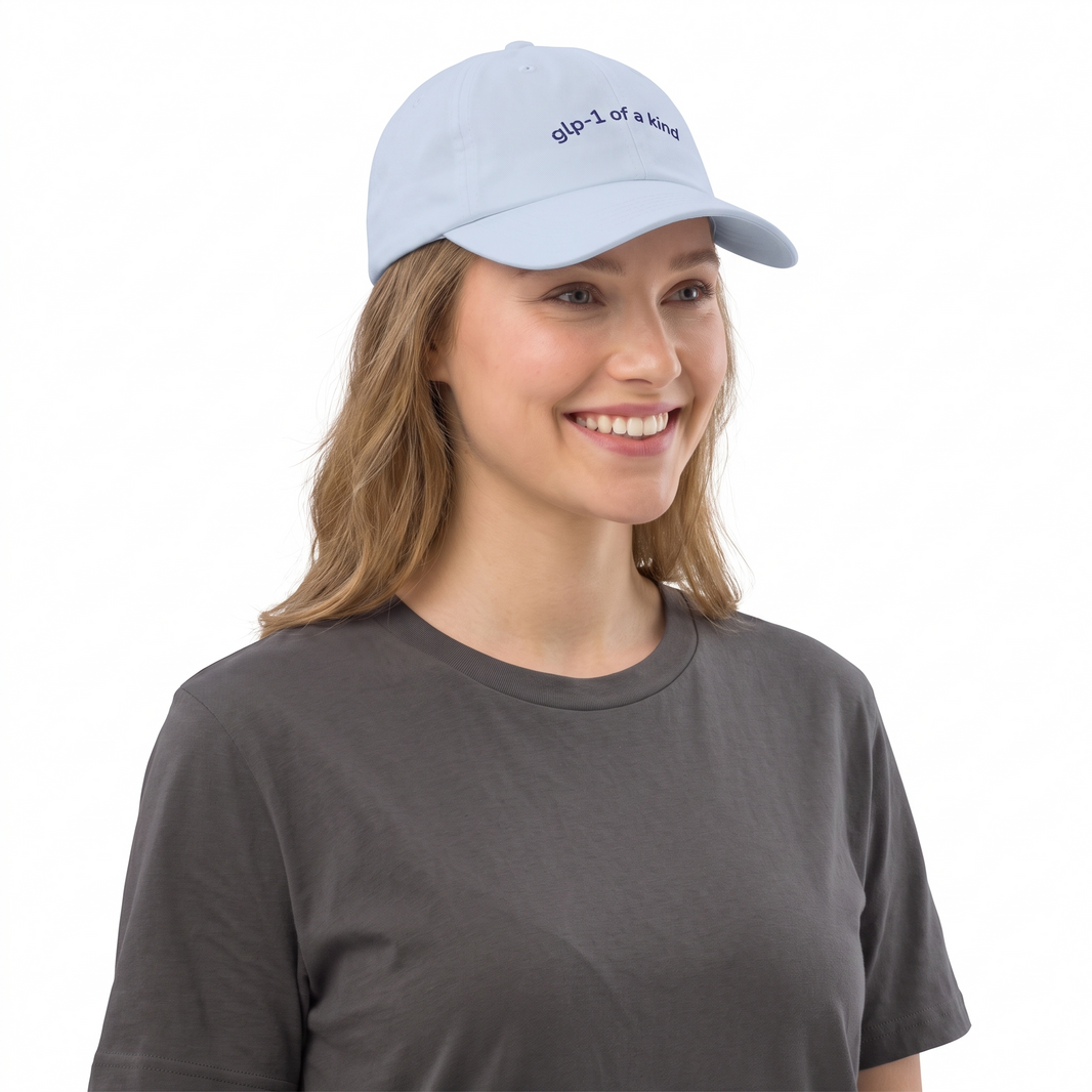 GLP-1 of a Kind Embroidered Dad Hat-GLP-1 of a Kind Embroidered Dad Hat, Light Blue, white-background angled model view