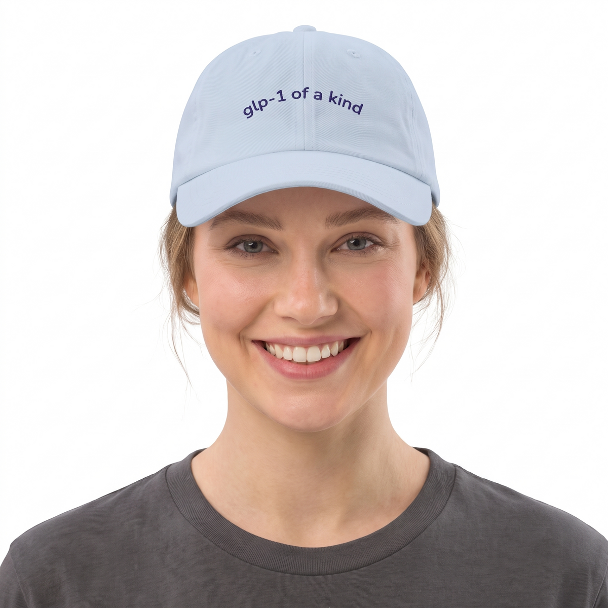 GLP-1 of a Kind Embroidered Dad Hat-GLP-1 of a Kind Embroidered Dad Hat, Light Blue, white-background on-model embroidery close-up