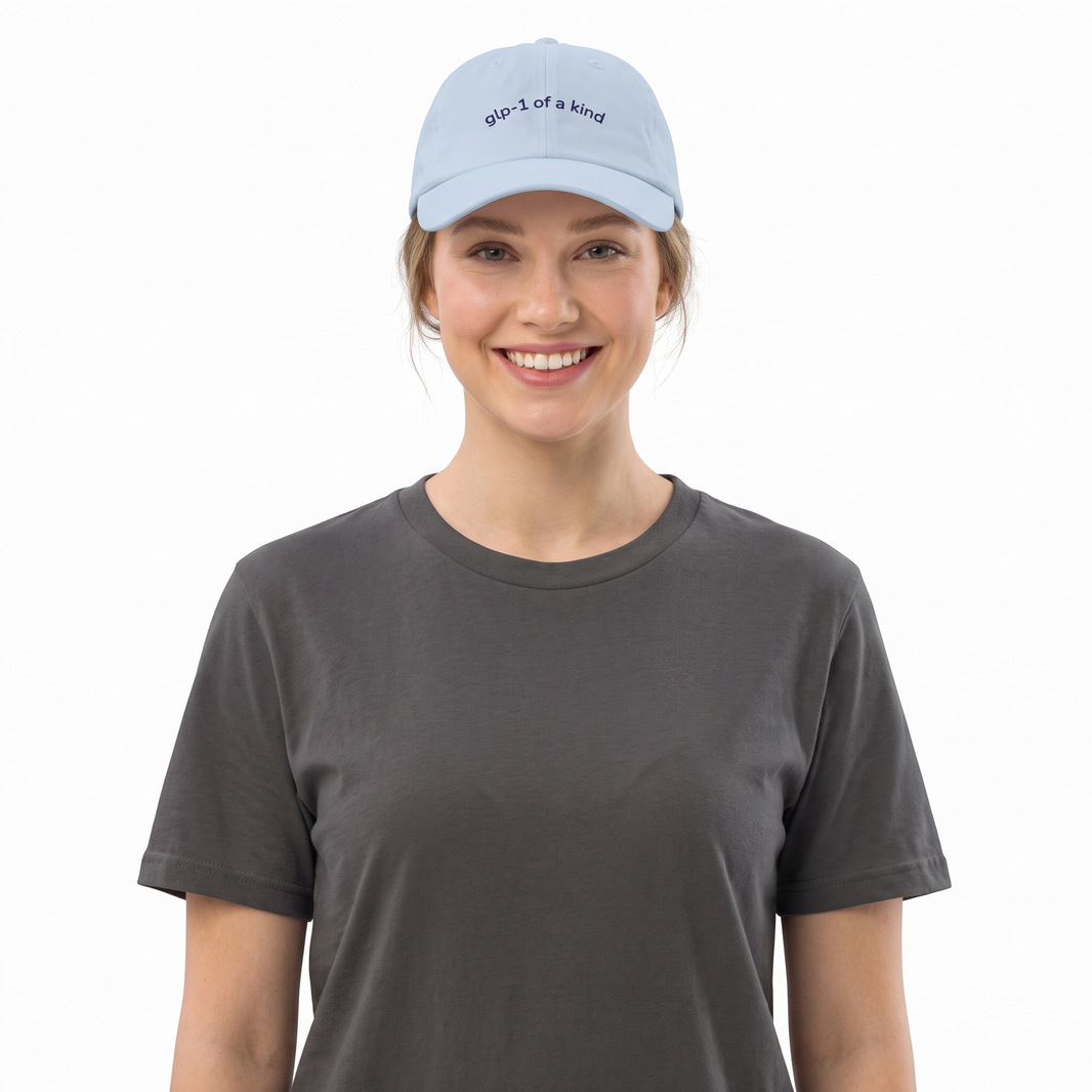 GLP-1 of a Kind Embroidered Dad Hat-GLP-1 of a Kind Embroidered Dad Hat, Light Blue, white-background wider model fit view