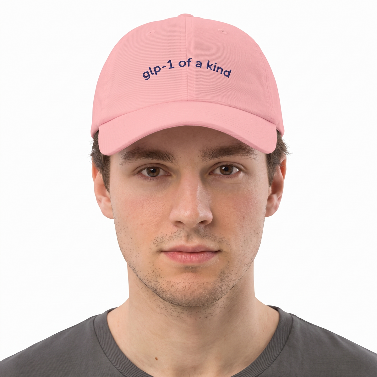GLP-1 of a Kind Embroidered Dad Hat-GLP-1 of a Kind Embroidered Dad Hat, Pink, white-background on-model embroidery close-up